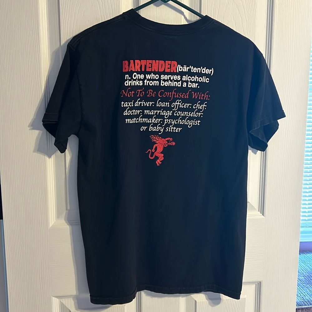 Alstyle Men’s black t-shirt, size M, has logo for Fireball cinnamon whisky